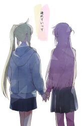  2girls appleajyuxxxx black_skirt blonde_hair bocchi_the_rock! commentary_request cube_hair_ornament from_behind gotoh_hitori grey_hoodie hair_ornament highres holding_hands hood hoodie ijichi_nijika long_hair long_sleeves multiple_girls pants pants_under_skirt pink_pants pleated_skirt side_ponytail simple_background skirt speech_bubble standing straight_hair translation_request white_background yuri 