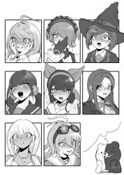  6+girls ahoge akamatsu_kaede antenna_hair badge barbed_wire bead_necklace beads bear bell bikini blazer blunt_bangs blunt_ends blush bob_cut bow bowtie breasts brooch buttons chabashira_tenko choker collarbone collared_jacket collared_shirt commentary_request covering_own_mouth danganronpa_(series) danganronpa_v3:_killing_harmony dark-skinned_female dark_skin dress dress_shirt embarrassed eyelashes fighting_stance flower_brooch forehead frilled_shirt_collar frilled_sleeves frills full-face_blush gaba33 gem_hair_ornament glasses gloves goggles goggles_on_head greyscale hair_between_eyes hair_bow hair_ornament hair_over_one_eye hair_over_shoulder hair_scrunchie hair_tie hairband hairclip half-closed_eye hands_on_own_cheeks hands_on_own_face harukawa_maki hat hat_belt highres imagining infinity_symbol iruma_miu jacket jewelry lace-trimmed_hairband lace_trim lapels long_hair long_hair_between_eyes long_sleeves looking_ahead low_twintails lower_teeth_only mole mole_under_eye monochrome monokuma multiple_girls multiple_hair_bows musical_note musical_note_hair_ornament neck_bell necklace necktie nervous_smile nervous_sweating notched_lapels o-ring open_clothes open_jacket open_mouth pinafore_dress raincoat round_eyewear sailor_collar school_uniform scrunchie serafuku shell shell_necklace shirogane_tsumugi shirt short_hair shouting sidelocks signature simple_background sleeveless sleeveless_dress sleeves_past_wrists smile straight-on sweat swimsuit teeth tojo_kirumi twintails v-neck v-shaped_eyebrows vest white_background wide-eyed witch_hat yonaga_angie yumeno_himiko 