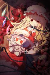  1girl absurdres alternate_hair_length alternate_hairstyle apple ascot blonde_hair blood blood_from_mouth blood_on_clothes blood_on_face bow chain character_doll closed_mouth collar crystal_wings cup doll dress flandre_scarlet flower food frilled_cuffs frilled_hat frilled_shirt_collar frills fruit fumo_(doll) hat hat_ribbon highres holding holding_stuffed_toy long_hair looking_at_viewer metal_collar mob_cap pink_dress pomegranate purple_hair red_ascot red_bow red_eyes red_flower red_ribbon red_rose red_skirt red_vest renke_(user_mphs8248) ribbon rose shirt skirt smile solo stuffed_toy touhou variant_set very_long_hair vest white_hat white_shirt wings wrist_cuffs 