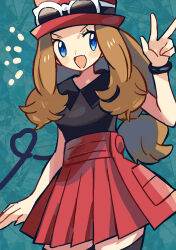  1girl anidler91 black_shirt blonde_hair blue_eyes commentary cowboy_shot eyewear_on_headwear hat high-waist_skirt highres long_hair low-tied_long_hair open_mouth pleated_skirt pokemon pokemon_xy red_hat red_skirt serena_(pokemon) shirt skirt sleeveless sleeveless_shirt solo sunglasses symbol-only_commentary w 