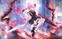  1girl absurdres asymmetrical_dress black_boots black_dress black_flower black_gloves boots dress evernight_(honkai:_star_rail) floating_hair flower full_body gloves hair_between_eyes hair_flower hair_ornament hand_up highres honkai:_star_rail honkai_(series) long_hair long_sleeves looking_at_viewer march_7th_(honkai:_star_rail) official_alternate_costume official_alternate_eye_color official_alternate_hair_length official_alternate_hairstyle pink_hair red_eyes sanmen single_bare_shoulder smile solo 