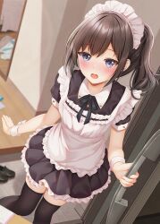  1girl apron black_dress black_hair black_ribbon black_shoes black_thighhighs blue_eyes blush bow breasts collared_dress commentary_request door dress frilled_apron frilled_dress frills highres indoors long_hair looking_at_viewer maid maid_apron maid_headdress minato_ojitan mirror neck_ribbon open_door open_mouth original pleated_dress ponytail puffy_short_sleeves puffy_sleeves ribbon shoes short_sleeves side_ponytail solo standing standing_on_one_leg sweat thigh-highs unworn_shoes white_apron white_headdress white_wrist_cuffs wooden_floor wrist_cuffs 