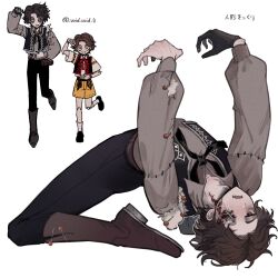  1boy 2boys adam&#039;s_apple arched_back arms_up black_gloves black_pants black_ribbon boots bow brown_boots brown_eyes brown_hair brown_shirt button_eyes buttons gloves highres identity_v kneeling looking_at_viewer louis_(identity_v) male_focus matthias_czernin multiple_boys pants pin puppet red_bow ribbon scar scar_on_face scar_on_neck shirt shorts single_glove socks stitched_eye stitched_mouth stitches stuffing tendenbarabara upside-down wavy_hair white_background white_socks yellow_shorts 