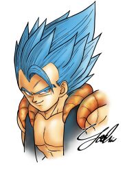  1boy black_vest blue_eyes blue_hair dragon_ball dragon_ball_super dragon_ball_super_broly gakumanabu gogeta highres male_focus medium_hair metamoran_vest muscular muscular_male no_shirt open_clothes open_vest signature simple_background smirk solo spiky_hair super_saiyan super_saiyan_blue upper_body vest white_background 