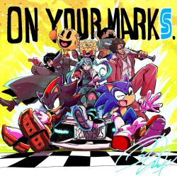  1girl 6+boys afro amamiya_ren animal_ear_headphones animal_ears animal_nose baseball_bat beard black_coat black_fur black_hair black_shirt black_shorts blue_fur body_fur box_body bracelet brown_hair buck_teeth cat_ear_headphones cat_ears chinstrap_beard closed_mouth coat collared_shirt colored_skin commentary_request crossover domino_mask english_text eye_mask facial_hair fake_animal_ears finish_line full_body furry furry_male gloves gold_bracelet gold_necklace green_eyes hair_between_eyes hatsune_miku headphones hedgehog_boy hero's_bat highres holding holding_baseball_bat jacket jewelry joker_(persona_5) kasuga_ichiban leggings license_plate long_hair long_sleeves looking_at_viewer male_focus mask minecraft minecraft_(style) motor_vehicle multicolored_fur multiple_boys necklace open_clothes open_jacket open_mouth pac-man pac-man_(game) pac-man_eyes pants persona persona_5 pink_leggings pungter red_eyes red_fur red_gloves red_jacket red_pants red_shoes red_suit ryuu_ga_gotoku_(series) ryuu_ga_gotoku_7 sega shadow_the_hedgehog shirt shoes short_hair shorts signature smile sonic_(series) sonic_racing:_crossworlds sonic_the_hedgehog sponge spongebob_squarepants spongebob_squarepants_(series) steve_(minecraft) suit teeth twintails two-tone_fur very_long_hair vocaloid white_gloves white_jacket white_mask white_shirt white_shoes yakuza yellow_skin 