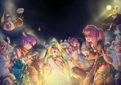  1boy 6+girls absurdres angel angel_halo_(mon-musu_quest!) angel_wings antlers armband armlet bandeau bare_shoulders barefoot bat_wings black_cloak blonde_hair blue_eyes blue_skin blush blush_stickers boomerang bracelet breasts brown_armband brown_bandeau brown_hair brown_helmet brown_shorts campfire camping circlet claws cloak coffee_mug collared_shirt colored_skin cup dragon_girl dragon_wings dripping english_commentary facial_tattoo fake_horns feathered_wings female_goblin fins fire flat_chest floating_liquid flying food fox_mask full_moon gem glasses gloves gob_(mon-musu_quest!) goblin hair_between_eyes hair_ornament hair_ribbon hat head_fins head_wings helmet highres holding holding_cup holding_shield holding_sword holding_tray holding_weapon horned_helmet horns ilias ilias_(sealed) jacket jewelry lamia large_breasts lime_(mon-musu_quest!) long_hair long_sleeves luka_(mon-musu_quest!) marshmallow mask mask_on_head midair mon-musu_quest! mon-musu_quest:_paradox monster_girl moon mountain mug multiple_girls navel necklace night night_sky nuruko open_mouth pantyhose papi_(mon-musu_quest!) pointy_ears ponytail promestein purple_hair red-framed_eyewear red_eyes red_gemstone red_hair red_jacket revenge_(vengerezn) ribbon sailor_collar sailor_hat sailor_shirt scales scarf scylla see-through_body shield shirt short_hair shorts sidelocks single_horn skirt sky slime_(substance) slime_girl smile snow star_(sky) starry_sky steam steaming_cup sword tail tatsuko_(mon-musu_quest!) tattoo teeny_(mon-musu_quest!) tent tentacle_hair tooth_necklace tray tunic twintails vampire vanilla_(mon-musu_quest!) very_long_hair weapon white_tunic white_wings wings yellow_eyes yellow_scarf zipper 