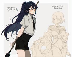  alternate_costume alternate_universe androgynous arms_behind_back bare_arms belt black_shorts blue_hair bob_cut closed_mouth collared_shirt crescent_moon earrings english_text gem hair_tie half_updo height_difference hetero heterochromia highres holding holding_polearm holding_weapon hong_lu_(project_moon) houseki_no_kuni jewelry lifting_own_clothes limbus_company long_hair looking_at_another moon moony_(past_desiderium) necktie oc_x_canon open_mouth past_desiderium pearl_earrings polearm project_moon puffy_short_sleeves puffy_sleeves shawl shirt short_sleeves shorts thighs tsuki_jin weapon white_shirt 