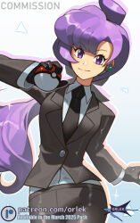  1girl anabel_(pokemon) black_gloves black_jacket black_necktie black_pants breasts closed_mouth collared_shirt earpiece gloves holding holding_poke_ball jacket long_hair long_sleeves looking_at_viewer necktie orlek pants poke_ball poke_ball_(basic) pokemon pokemon_sm ponytail purple_hair shirt simple_background smile suit violet_eyes white_shirt 