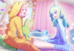  3girls absurdres animal_ears bedroom blue_hair blue_pajamas blue_socks cat_ears closed_eyes controller cosplay curtains game_controller green_hair highres indoors kusanagi_nene long_hair long_sleeves low-tied_sidelocks mishio_(misio_40) multiple_girls onesie ootori_emu open_mouth pajamas pink_hair project_sekai sidelocks sitting smile socks striped_clothes striped_socks stuffed_animal stuffed_rabbit stuffed_toy teeth upper_teeth_only violet_eyes wariza 