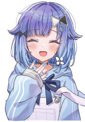  1girl black_choker blue_hair blue_hoodie blue_nails blush choker closed_eyes facing_viewer gradient_hair hair_ornament highres hood hood_down hoodie medium_hair multicolored_hair open_mouth simple_background smile solo tsumugi_kokage virtual_youtuber vspo! white_background yunagi_(yng_hoti) 