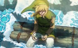  1boy belt bird brown_sleeves closed_eyes crying english_commentary green_hat green_tunic hat holding_ocarina link male_focus medium_hair ocean pants seagull shadow sitting sleeveless_tunic solo tears the_legend_of_zelda the_legend_of_zelda:_link&#039;s_awakening tunic water white_pants wooden_board zuomu9 
