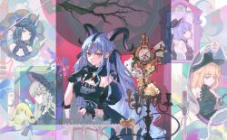  5girls absurdres animal_ears arknights ave_mujica_(bang_dream!) bang_dream! bang_dream!_it&#039;s_mygo!!!!! black_bonnet black_dress black_gloves black_hair black_hat blonde_hair blue_hair bonnet branch candlestand chinese_commentary clock commentary_request curled_horns dress earrings gloves green_hair hat highres horns jewelry misumi_uika misumi_uika_(caged_singer) multiple_girls shaokao_lajitong stuffed_animal stuffed_toy togawa_sakiko togawa_sakiko_(master_of_melodia) wakaba_mutsumi wakaba_mutsumi_(marionette&#039;s_id) yahata_umiri yahata_umiri_(moonlight_executioner) yellow_eyes yuutenji_nyamu yuutenji_nyamu_(magician_of_passion) 