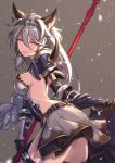  1girl absurdres animal_ears bare_back gloves granblue_fantasy heles highres polearm sho_(gohan) silver_hair skirt solo spear thigh-highs weapon yellow_eyes 