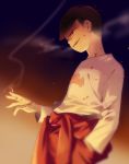  1boy bangoul black_hair blood blood_on_face cigarette clothes_around_waist cowboy_shot evil_smile gradient gradient_background hand_in_pocket jacket_around_waist male_focus osomatsu-kun osomatsu-san osomatsu_(osomatsu-kun) red_eyes smile smoking solo 