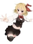  &gt;:d 1girl :d belly black_legwear blonde_hair blush breasts collared_shirt fangs hair_ribbon highres hips impossible_clothes looking_at_viewer navel open_mouth outstretched_arms pointy_ears red_eyes ribbon rumia shirt short_hair skirt smile smug solo takashi_(nekoro) thigh-highs touhou tsurime undersized_clothes vest 