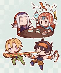  4boys =_= aqua_background black_eyes black_hair blonde_hair blue_necktie blue_shirt checkered_background cheese cheese_trail chibi chibi_only cup food fork green_jacket green_pants grey_hair guido_mista hat headphones highres holding holding_food holding_fork holding_pizza holding_teapot jacket jojo_no_kimyou_na_bouken kasasagi_(hinagi) leone_abbacchio long_hair male_focus multiple_boys narancia_ghirga necktie orange_hat pannacotta_fugo pants pasta pizza shirt short_hair sleeveless spaghetti sweatdrop teacup teapot vento_aureo violet_eyes 