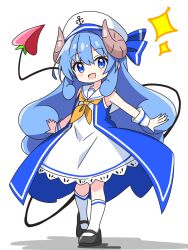  1girl :d alternate_eye_color alternate_hair_color black_shoes blue_dress blue_eyes blue_hair blue_ribbon blush brown_horns commentary_request curled_horns curly_hair demon_girl demon_tail dot_nose dress full_body hat hat_ribbon highres horns kotatsu-mazoku lilith_(homunculus)_(machikado_mazoku) lilith_(machikado_mazoku) long_hair looking_at_viewer machikado_mazoku mary_janes neckerchief open_mouth ribbon sailor_collar sailor_dress shoes sidelocks simple_background sleeveless sleeveless_dress smile socks solo sparkle standing tail white_background white_hat white_sailor_collar white_socks wrist_cuffs yellow_neckerchief 