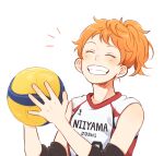  1girl ball blush_stickers closed_eyes commentary_request elbow_pads grin haikyuu!! hinata_natsu holding holding_ball laugh_111 orange_hair ponytail simple_background smile solo sportswear teeth upper_body volleyball volleyball_uniform white_background 