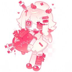  1018sus 1girl :3 :d @_@ asymmetrical_legwear bandaged_leg bandages bandaid_on_thigh blood bow boxcutter checkered_background chibi chibi_only collared_dress commentary_request contrast_collar double-parted_bangs dress eyepatch flipped_hair full_body gradient_wings hair_between_eyes hair_ornament hat heart heart_hair_ornament highres holding holding_heart korean_commentary legs_together looking_at_object medium_dress medium_hair multicolored_wings necktie no_fingers nurse nurse_cap one_eye_covered open_mouth original outline puffy_short_sleeves puffy_sleeves razor_blade_hair_ornament red_bow red_eyes red_necktie red_shoes red_wings shoes short_sleeves sidelocks simple_background single_thighhigh smile solo standing syringe thigh-highs two-tone_wings white_background white_dress white_hair white_outline white_thighhighs white_wings wings wristband 