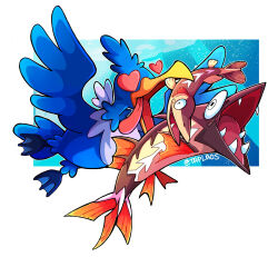  arrokuda artist_name barraskewda beak bird cramorant fangs fish heart heart-shaped_eyes highres no_humans open_mouth pokemon pokemon_(creature) taplaos tongue tongue_out 