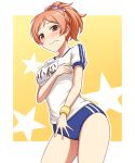  1girl brown_eyes brown_hair buruma gym_uniform idolmaster idolmaster_cinderella_girls komatsu_ibuki orange_hair pataniito ponytail wavy_mouth wristband 