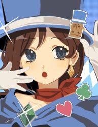  1girl :o absurdres ace_attorney adjusting_clothes adjusting_headwear aly_(busydizzynlazy) apollo_justice:_ace_attorney blue_background blue_cape blue_eyes blue_hat brooch brown_hair cape close-up club_(shape) diamond_earrings earrings gem gloves green_gemstone hat heart_ornament highres jewelry long_hair looking_up low-tied_long_hair magician mr_hat_(ace_attorney) open_mouth polka_dot polka_dot_background red_scarf scarf single_earring solo sparkle swept_bangs top_hat trucy_wright white_gloves 