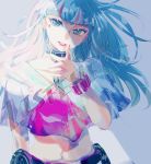  1girl absurdres bangs blue_eyes blue_hair bracelet copyright_name hand_up highres jewelry lipstick listeners long_hair looking_at_viewer makeup midriff mu_(listeners) navel smile solo standing star very_long_hair 