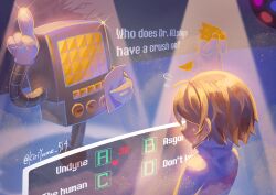  1girl 1other absurdres ahoge alphys blue_sweater closed_mouth coat colored_skin commentary covered_eyes covering_face disco_ball embarrassed english_commentary english_text fewer_digits flying_sweatdrops frisk_(undertale) furry furry_female gameplay_mechanics gloves grey_background hair_over_eyes heart highres holding holding_paper index_finger_raised indoors kiriyume lab_coat long_sleeves mechanical_arms mettaton mettaton_(box) non-humanoid_robot paper pink_sweater profile raised_inner_eyebrows reptile_girl robot scene_reference shadow sideways_mouth simple_background soul_(deltarune) sparkle spotlight striped_clothes striped_sweater sweat sweater twitter_username two-tone_sweater undertale upper_body utdr_(toby_fox) white_coat white_gloves yellow_skin 