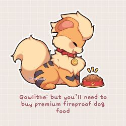  animal_focus blush bowl closed_eyes collar english_text fang growlithe no_humans open_mouth orange_fur pet_bowl pet_food pokemon pokemon_(creature) pokemon_focus sevi_(seviyummy) simple_background smile tail 