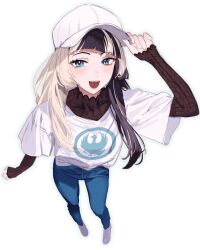  1girl adjusting_clothes adjusting_headwear alternate_costume baseball_cap black_hair black_shirt blonde_hair blue_eyes blue_pants blunt_bangs blush breasts commentary denim from_above full_body hat highres hololive hololive_dev_is jeans juufuutei_raden lace lace_shirt lace_sleeves long_hair looking_at_viewer multicolored_hair murechika open_mouth pants shirt shoes simple_background sketch sleeves_past_wrists small_breasts smile sneakers solo standing streaked_hair symbol-only_commentary two-tone_hair undershirt virtual_youtuber white_background white_hat white_shirt white_shoes 