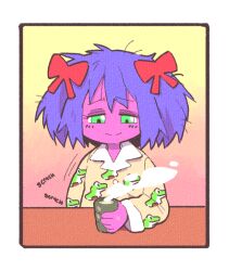  4chan blue_hair border bury_pink_gril drink green_eyes green_tea hair_ornament hair_ribbon holding holding_drink inkerton-kun looking_at_object looking_down pajamas red_ribbon ribbon table tea white_border 