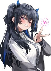  1girl absurdres black_hair black_horns blush breasts coat demon_girl demon_horns demon_wings ear_piercing gradient_horns green_tea_(matchaistasty) grey_coat grey_necktie hair_intakes highres horns ichinose_uruha ichinose_uruha_(6th_costume) large_breasts long_hair long_sleeves looking_at_viewer multicolored_horns necktie official_alternate_costume official_alternate_hairstyle one_eye_closed piercing purple_horns shirt simple_background single_off_shoulder solo tie_clip two-tone_horns upper_body v violet_eyes vspo! white_background white_shirt wings 