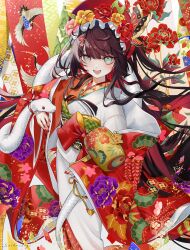  1girl absurdres animal_on_arm animal_print aqua_eyes asa_no_ha_(pattern) bird_print black_hair black_sash bonnet butterfly_hat_ornament camellia chinese_zodiac commentary_request crane_print floral_print floral_print_kimono flower flower_hairpin frilled_hat frills hair_flower hair_ornament hairclip haori hat hat_flower hat_ornament highres japanese_clothes kanoko_(pattern) kikkoumon kikumon kimono kojitsunagi_(pattern) kouhaku_nawa long_hair looking_at_viewer matsu_symbol miracle_mallet nail_polish new_year obi obiage obijime open_mouth original peony_(flower) peony_print pink_flower print_haori print_kimono red_bonnet red_eyes red_flower red_haori red_hat red_kimono red_nails rope saika_usagi sash seigaiha shimenawa smile snake solo standing tassel teeth upper_teeth_only very_long_hair white_snake wisteria_print year_of_the_snake yellow_flower 