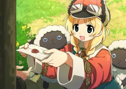  1girl 1other :d acorn annette_(rune_factory) aqua_eyes blonde_hair braid chawanwan day goggles goggles_on_headwear grass hat highres holding holding_letter letter looking_at_another low_twin_braids mailbag mailman mokomoko_(rune_factory) newsboy_cap outdoors red_hat rune_factory rune_factory_frontier sheep smile tareme twin_braids wax_seal 