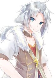  1boy ahoge animal_ears blue_eyes brown_choker choker emil_chronicle_online fur_jacket jacket low_ponytail ponytail shirt solo werewolf_lore white_background white_hair white_shirt wolf_boy wolf_ears yusa_yuyu 