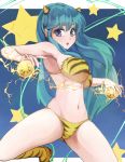  1girl aqua_hair armpits bikini blue_eyes boots breasts commentary_request crossover electricity eyeshadow horns long_hair looking_at_viewer lum makeup midriff navel oni open_mouth orb poini_(king-scarlet-dead) pointy_ears puzzle_&amp;_dragons solo star swimsuit tiger_print urusei_yatsura very_long_hair 