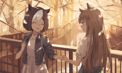  2girls animal_ears black_jacket blush brown_hair closed_eyes highres holding_another's_wrist horse_ears horse_girl jacket long_hair looking_at_another multicolored_hair multiple_girls open_mouth orange_hair scenery seikatsu shirt short_hair silence_suzuka_(umamusume) skirt special_week_(umamusume) two-tone_hair umamusume white_hair white_shirt white_skirt yuri 