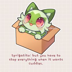  animal_focus blush box cardboard_box cat closed_mouth english_text in_box in_container looking_at_viewer no_humans pokemon pokemon_(creature) pokemon_focus red_eyes sevi_(seviyummy) simple_background smile sprigatito tongue tongue_out 