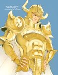  1boy armor blonde_hair blue_background cape gauntlets gloves green_eyes helmet horns long_hair nuka_(pixiv959242) saint_seiya simple_background solo taurus_aldebaran unibrow 