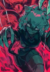  1girl 1other animal_ears cat_ears cat_tail claws fingernails hair_between_eyes highres hunter_x_hunter jacket joints neferpitou nesian. puppet puppet_strings sharp_fingernails short_hair shorts solo tail terpsichora thighs 