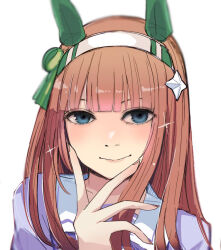  1girl animal_ears blue_eyes brown_hair closed_mouth eyebrows_hidden_by_hair hairband hand_up horse_ears kawamochi_(tddm3573) long_hair looking_at_viewer puffy_sleeves purple_shirt school_uniform shirt silence_suzuka_(umamusume) simple_background smile solo tracen_school_uniform umamusume upper_body white_background white_hairband 