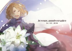  1boy axis_powers_hetalia blonde_hair bouquet capelet collared_capelet confetti dated facial_hair floating_clothes floating_hair flower france_(hetalia) french_flag french_text highres holding holding_bouquet jacket leaf long_sleeves looking_at_viewer male_focus military_jacket military_uniform nijuurokucha open_mouth petals purple_capelet purple_jacket short_hair simple_background smile solo teeth tongue v-shaped_eyebrows violet_eyes white_background white_flower 