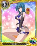  1girl alternate_costume artist_request blue_eyes blue_hair blush box breasts card_(medium) character_name chess_piece covered_nipples gift gift_box high_school_dxd official_art rook_(chess) short_hair solo swimsuit torn_clothes trading_card yura_tsubasa 
