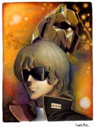  1boy absurdres aeug artist_name blonde_hair collar colored_pencil_(medium) gundam highres hyaku_shiki male_focus medium_hair miyabi_asou mobile_suit orange_background quattro_bajeena signature solo sunglasses traditional_media tree_print zeta_gundam 