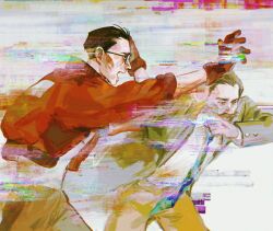  2boys black-framed_eyewear black_hair blue_necktie brown_gloves cowboy_shot disco_elysium facial_hair glasses glitch gloves green_jacket harry_du_bois highres jacket kim_kitsuragi male_focus mimulishizi multiple_boys mustache necktie open_mouth orange_jacket outstretched_arm pants profile round_eyewear short_hair standing yellow_pants 