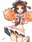  1girl adapted_costume brown_eyes brown_hair cheerleader double_bun kantai_collection ko_ru_ri long_hair naka_(kantai_collection) open_mouth pom_poms school_uniform serafuku short_hair skirt smile 