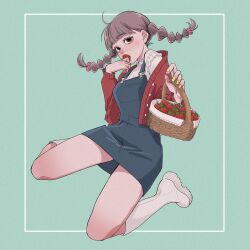  1girl aegyo_sal blanket blunt_bangs boots brown_eyes brown_hair cardigan denim denim_overalls film_grain floating food food-themed_hair_ornament food_in_mouth frilled_shirt frills fruit full_body green_background hair_ornament highres holding holding_blanket holding_food inset_border knee_boots levitation low_twintails multi-tied_hair nail_polish open_cardigan open_clothes original overall_skirt red_cardigan seiza shirt sitting strawberry strawberry_hair_ornament tamori_(tamori_www) twintails white_boots yellow_nails 