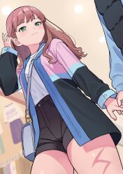  1girl asanaka_yomogi bag blush breasts brown_hair closed_mouth couple furukawa_raku green_eyes gridman_universe gridman_universe_(movie) hair_ornament hetero holding holding_hands jacket long_hair long_sleeves minami_yume official_alternate_costume scar scar_on_leg shirt shorts smile t-shirt vest 
