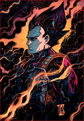 1boy abstract_background artist_name black_background black_hair dragon_ball dragon_ball_z highres long_hair male_focus mixed_media muscular nib_pen_(medium) pen_(medium) saiyan saiyan_armor signature spiky_hair traditional_media vegeta vinartwork widow&#039;s_peak 