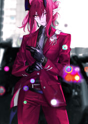  1girl absurdres adjusting_clothes adjusting_gloves arknights ascalon_(arknights) belt black_gloves black_horns cenm0 cowboy_shot earpiece folded_ponytail gloves hair_between_eyes hair_over_one_eye highres horns looking_to_the_side mole mole_under_eye necktie orange_pupils pants pointy_ears purple_hair purple_pants purple_suit solo suit violet_eyes 